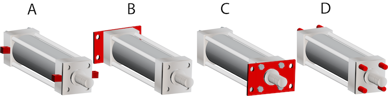 Common centerline mounting styles and their accessories: centerline lug (A), flange (B & C), and tie rods (D).