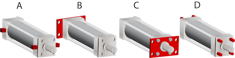 Gängige Befestigungsarten für die Mittellinie und ihr Zubehör: Mittellinie (A), Flansch (B & C) und Zugstangen (D).