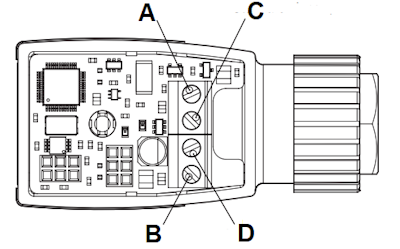 Connexion de la bande de bornes dans le contrôleur 8605 (version avec câble) : signal standard positif (A), alimentation (B), signal standard négatif (C) et terre (D).