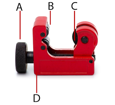 Adjustable pipe cutter: Handle (A), rollers (B), wheel (C), and main body (D).