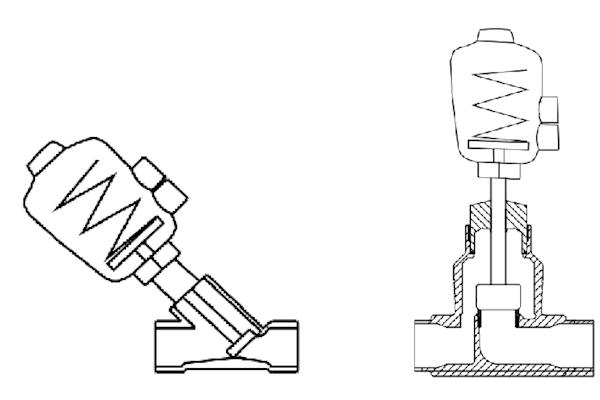 An angle seat valve or Y-Type globe valve (left) and a globe valve or Z-Type globe valve (right).