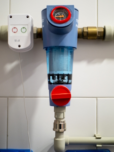 A backwash water filter used to remove sediment from a plumbing system.