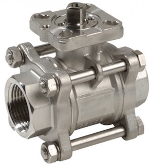 A three-piece ball valve with ISO top.