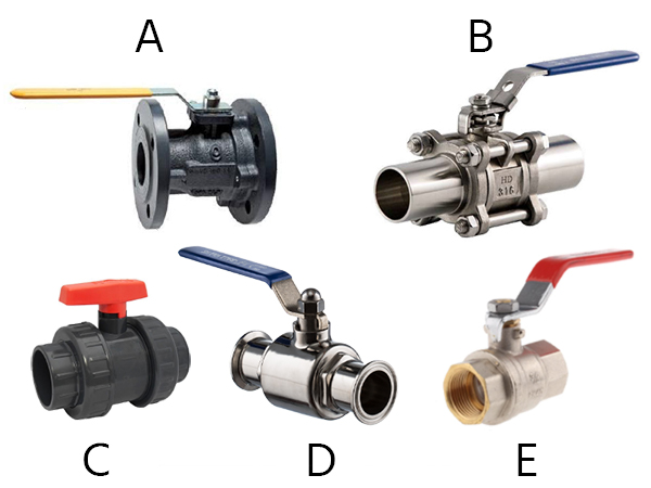 Figure 1:  Ball valve connection types: flanged connection (A), welded connection (B), true union (C), tri-clamp (D), and threaded connection (E).