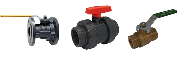 Figure 1:  Ball valve connection types: flanged connection (A), welded connection (B), true union (C), tri-clamp (D), and threaded connection (E).