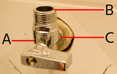 Installation d'un robinet à boisseau sphérique sur le tuyau en cuivre ; A : robinet à boisseau sphérique, B : tuyau en cuivre, C : orifice du robinet pour raccorder les lignes d'alimentation à l'équipement comme l'évier ou les toilettes