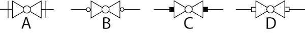 Symboles montrant les raccords d'extrémité d'un robinet à boisseau sphérique ; A : symbole de raccord à bride, B : symbole de raccord fileté, C : symbole de raccord à soudure permanente, D : symbole de raccord à emboîtement.