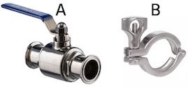 Figure 5: A ball valve with tri-clamp connection (A), and a tri-clamp (B)