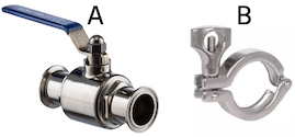 Abbildung 5: Ein Kugelhahn mit Tri-Clamp-Anschluss (A) und ein Tri-Clamp (B)