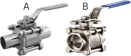 Figure 3: Ball valve with a butt-welded connection (A) and a socket welded connection (B)