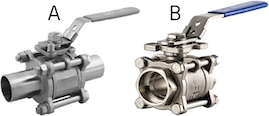 Afbeelding 3: Kogelkraan met een stuiklasverbinding (A) en een moflasverbinding (B)