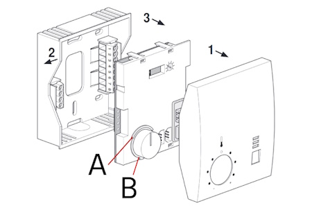 Belimo VAV controller installation showing left-hand end stop (A) and cam (B)