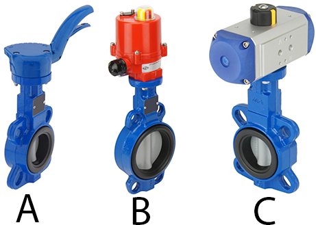Manual butterfly valve (A), Electrically actuated butterfly valve (B), and Pneumatically actuated butterfly valve (C)