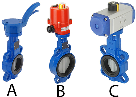 Handbediende vlinderklep (A), elektrisch bediende vlinderklep (B), en pneumatisch bediende vlinderklep (C)