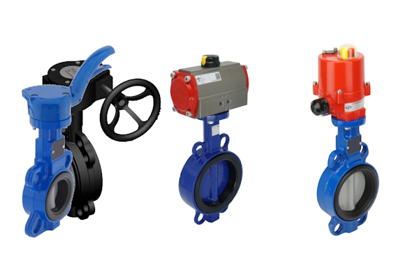 Butterfly valve actuation mechanisms: manual (left), electric (middle), and pneumatic (right)