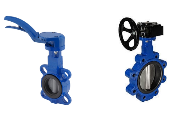 Manually actuated butterfly valves: squeeze lever (left) and hand wheel plus gearbox (right).