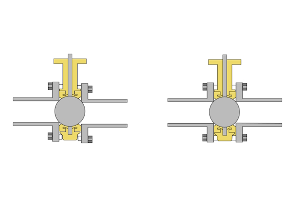 Mis-aligned pipe flanges due to uneven torque applied to bolting (left) and aligned piping (right)