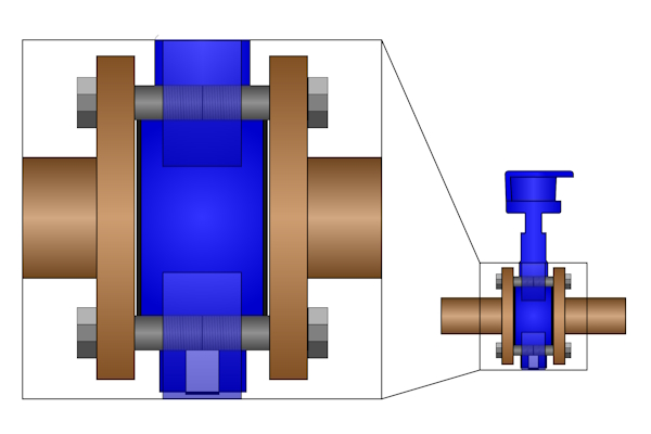 Bolts connect the lug type butterfly valve to the pipeline on both ends.