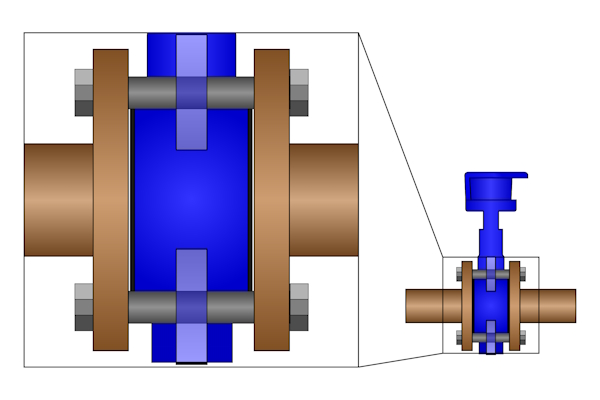 Bolts threaded on both ends pass through the holes on the butterfly valve.