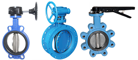Butterfly valve connection types: Wafer type butterfly valve (A), Flanged butterfly valve (B),lug-style butterfly valve (C).