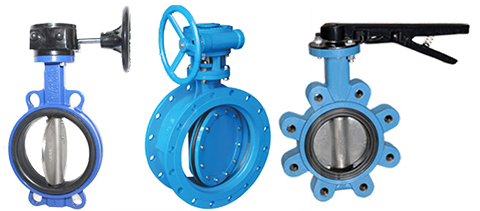 Butterfly valve connection types; wafer type butterfly valve (left), flanged butterfly valve (middle), and and lug-style butterfly valve (right)