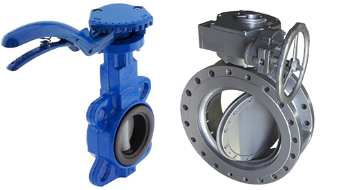 A zero-offset butterfly valve with a lever handle (left) and an eccentric butterfly valve with a hand wheel (right).