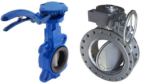 A zero offset butterfly valve with a lever handle on the left and an eccentric butterfly valve with a hand wheel on the right