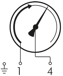Manomètre à contact avec contact unique normalement fermé montrant les numéros de broches de connexion 1 et 4 et le symbole de mise à la terre à l'extrême gauche
