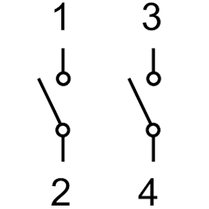 Bedradingsschema van draaiknopschakelaar. Aansluitingen 1 & 3 zijn ingangen en 2 & 4 zijn uitgangen.