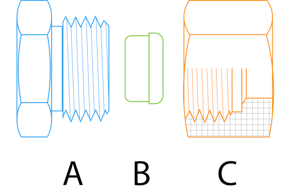 Los componentes de un racor de anillo cortante: cuerpo (A), anillo cortante (B) y tuerca (C).