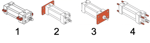 Common centerline mounting styles and their accessories: centerline lugs (1), flange (2 & 3), and tie rods (4)