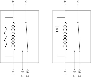 5-pin relays with resistor (left) and diode protection (right).