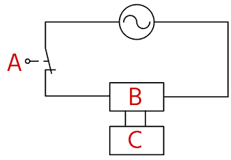 Diagram for a timer in a camping shower: light switch (A), timer (B), solenoid valve (C).