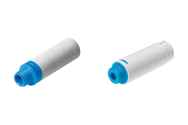 Festo's high-performance pneumatic muffler series: UO (left) and UOM and UOMS (right).