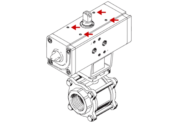 Las flechas rojas indican los agujeros de montaje estándar NAMUR en la parte superior del actuador neumático para válvulas de bola.
