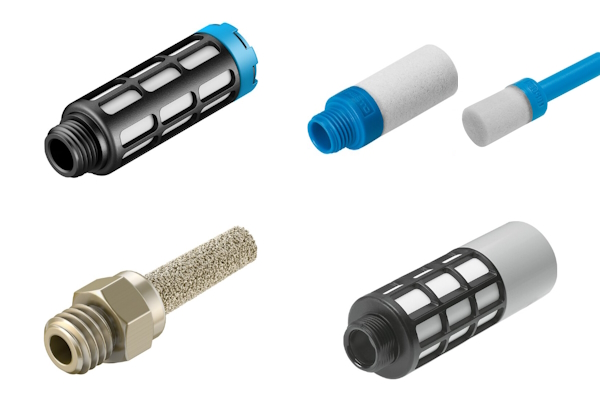 Festo's standaard pneumatische geluiddemper serie: U (linksboven), UC (rechtsboven), AMTE (linksonder), en UOS-1 (rechtsonder)