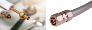 Flare (left) and compression (right) fittings are commonly used in piping systems.