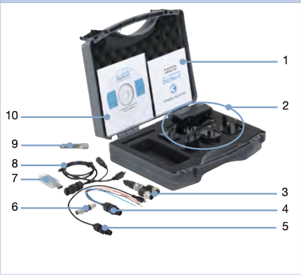 Flow meter 8098 accessories: Quick start(1), power supply (2), büS terminating resistor (3), circular male connector (4), büS connection cable (5), büS adapter (6), büS stick (7), büS service cable (8), magnetic key (9), and CD (10).