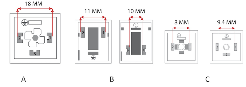 Diagrams of solenoid valve connectors, forms A, B, and C.