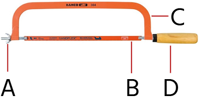 Diseño típico de una sierra de arco: mango (A), hoja (B), armazón (C) y tuerca de mariposa (D).