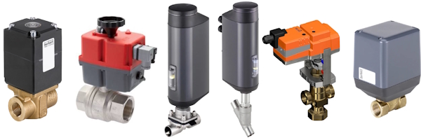 A variety of modulating control valves, from left to right: proportional solenoid valve, modulating ball valve, electric diaphragm valve, electric angle seat valve, electric globe valve, and electric disc valve.
