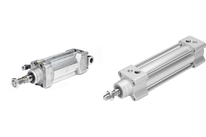 A hydraulic cylinder (left) and pneumatic cylinder (right).