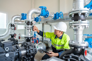 A maintenance staff employee inspects the valves of a water pump system.