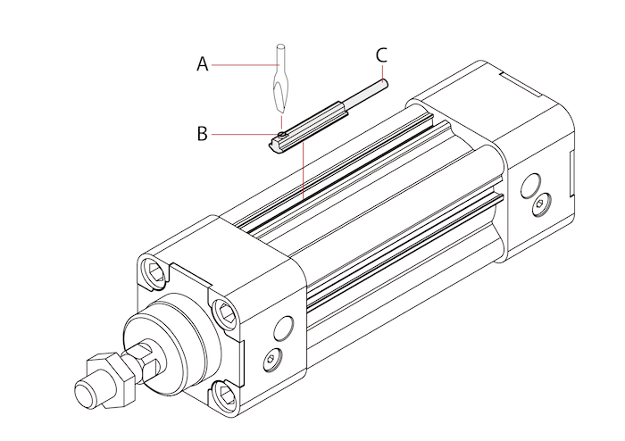 Vérin pneumatique ISO 15552 avec un capteur (C) monté via la vis de réglage (B) avec un tournevis (A)