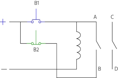 Schema eines Verriegelungsrelais mit Drucktasten (B1 und B2) und Kontakten (A, B, C und D)