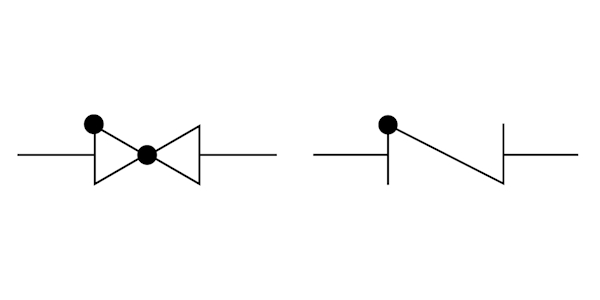 Deux exemples de symboles de clapets anti-retour à piston. La caractéristique principale est le cercle plein dans le coin supérieur gauche du symbole.