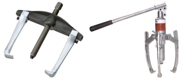 External bearing pullers can have manual (left) or hydraulic (right) actuation.