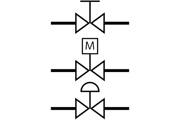 Een symbool voor een handmatige klep (boven), een symbool voor een elektrische klep (midden) en een symbool voor een pneumatische klep (onder).