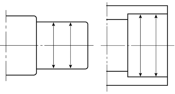 De dubbele pijlen geven aan waar je metingen moet verrichten op de as (links) en de behuizing (rechts) voordat je het lager installeert.