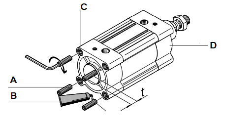 Applying adhesive: threaded pins (A), adhesive (B), threaded holes (C), and pneumatic cylinder (D)